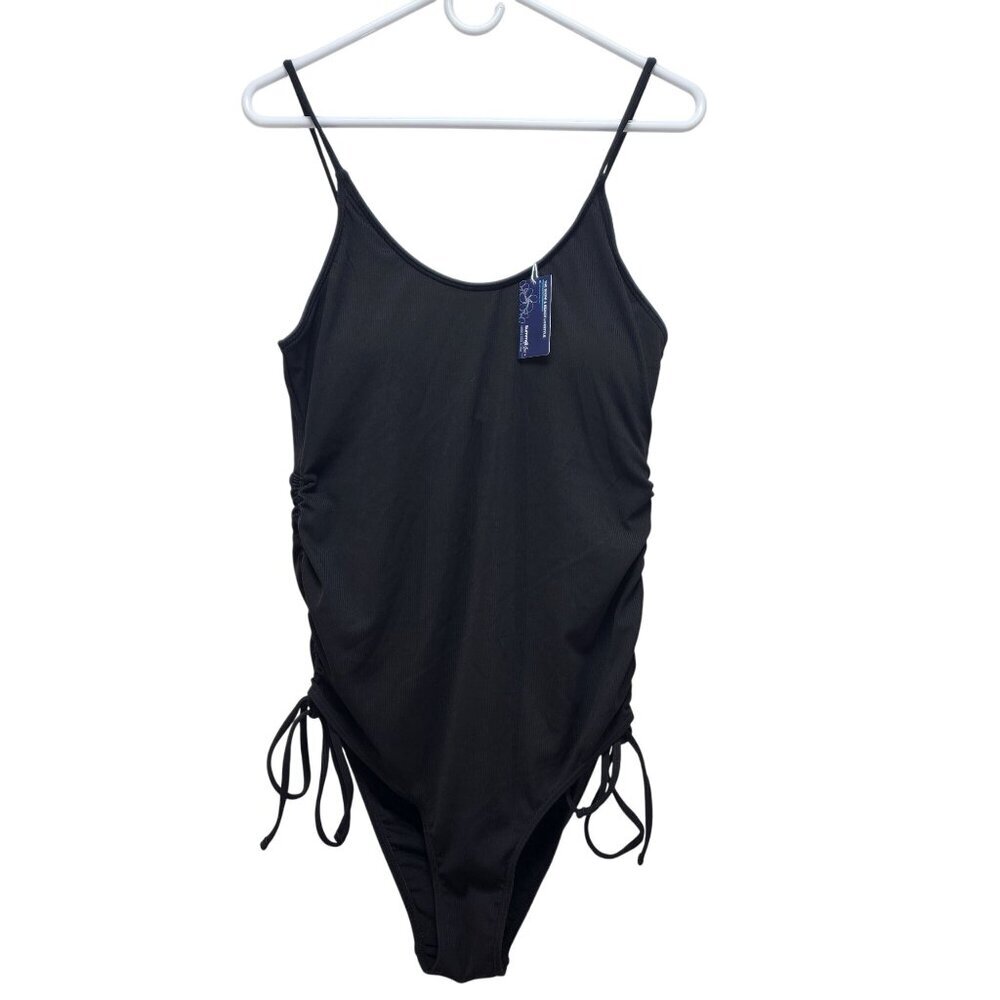 Summer Mae Black Ruched Side One Piece Swimsuit Size M Adjustable Drawstring